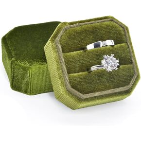 Velvet Ring Box Blue Green, Double Ring Box Ring Jewelry Box 2 Slots Octagon Ring Display Holder Case for Engagement, Wedding, Proposal, Ceremony, Anniversary, Gift