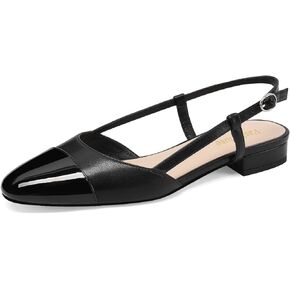 Vaslemuse Women Slingabck Flats Double Strap Block Low Heel Sandals Two Toned Classic Dress Shoes with Buckle