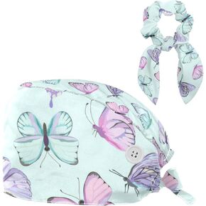 Teal Texture Scrub Cap, Adjustable Working Cap with Button, Bouffant Caps with Bow Hair Scrunchy