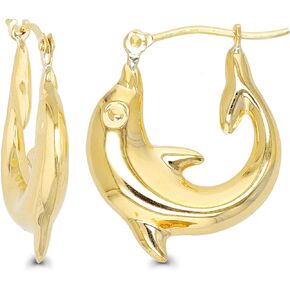 14K Yellow Gold 3mm Thick High Polished Dolphin Hoop Earrings For Women | 3x20mm Solid Gold Hoops For Women