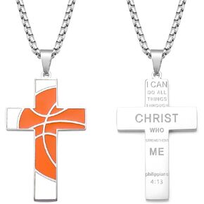 Ckysee Basketball Cross Necklace for Boys Men with Bible Verse Stainless Steel Cross Pendant Chain 20 Inches First Communion Baptism Gifts for Boys Basketball Accessories