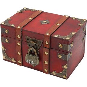 Vintage Wooden Treasure Chest Box with Lock Small Rectangle Antique Wood Jewelry Storage Boxes European Decorative Handmade Storage Box Case Organizer Trinket Keepsake for Home Bedroom Decor