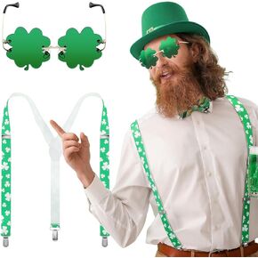 JaGely 2 Pcs St. Patrick's Day Costume Accessories Set Including Shamrock Sunglasses and Suspender Adjustable Elastic Clip Rimless Glasses Y Shape Braces Suspenders for St. Patrick's Day Parade Party