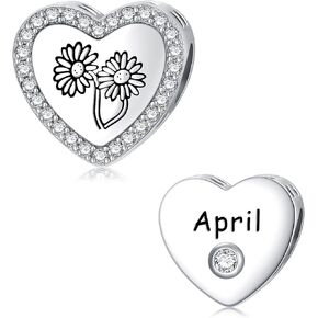 SLIACETE Birthstone Heart Charms for Bracelets 925 Sterling Silver Birth Flower Jewelry Birthday Gifts for Women Mother Wife