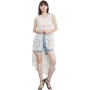 Anna-Kaci Womens Hippie Bohemian Floral Crochet Lace Trim Sleeveless Vest Cardigan