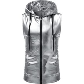 GRAJTCIN Metallic Sleeveless Hooded Vest for Men Zip Up Disco Vest Metallic Shirts