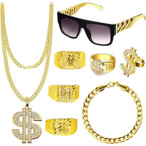 8PCS Hip Hop Costume Accessories, Rapper Costume 80s 90s Accessories for Men Women Fake Gold Chain Rapper Sunglasses Dollar Sign Chain Ring Kanji Ring for Party Favors Carnival