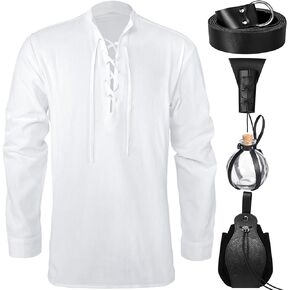 Panitay Halloween Men's Renaissance Costume Viking Pirate Shirt with Medieval Leather Belt Pouch Potion Bottle Sword Frog