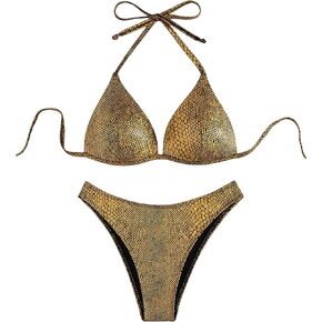 WDIRARA Women's Metallic Tie Back Halter Triangle Bikini Swimsuit 2 Piece Bathing Suit