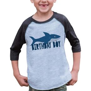 7 ate 9 Apparel Boy's Shark Birthday Grey Raglan Tee Small