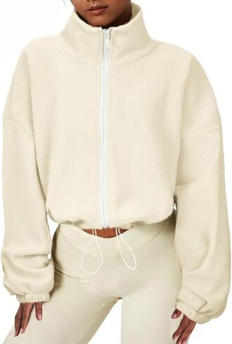 جاكيت صوف نسائي من Zando بسحاب كامل سترات مقصوصة كبيرة الحجم وأكمام طويلة وسترة شيربا غامضة معطف رياضي قصير in Kuwait