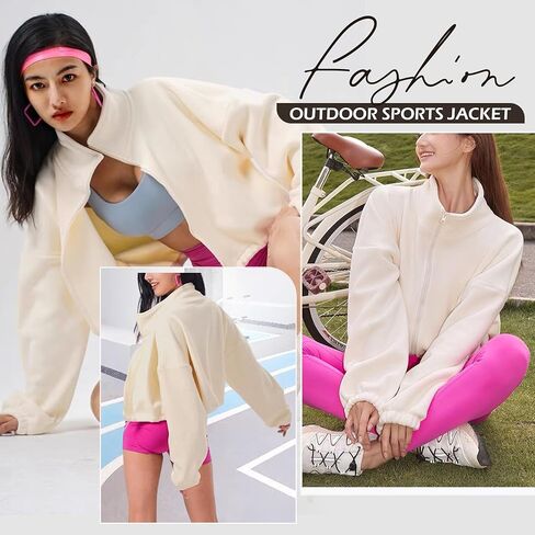 جاكيت صوف نسائي من Zando بسحاب كامل سترات مقصوصة كبيرة الحجم وأكمام طويلة وسترة شيربا غامضة معطف رياضي قصير in Kuwait