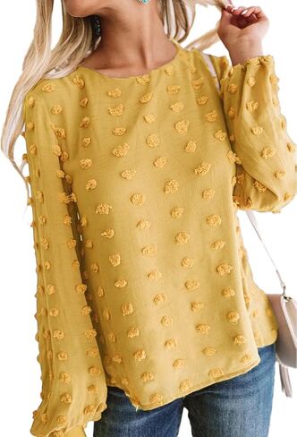 Womens Chiffon Blouse Swiss Dot Casual Round Neck Long Sleeve Pom Pom Shirts Back Keyhole Tops in Kuwait