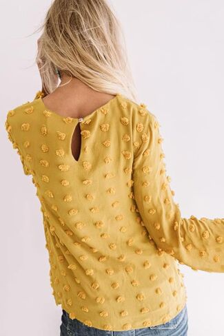 Womens Chiffon Blouse Swiss Dot Casual Round Neck Long Sleeve Pom Pom Shirts Back Keyhole Tops in Kuwait