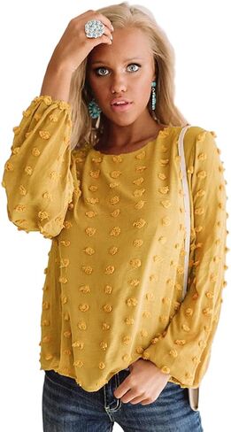 Womens Chiffon Blouse Swiss Dot Casual Round Neck Long Sleeve Pom Pom Shirts Back Keyhole Tops in Kuwait