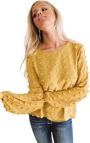 Womens Chiffon Blouse Swiss Dot Casual Round Neck Long Sleeve Pom Pom Shirts Back Keyhole Tops in Kuwait
