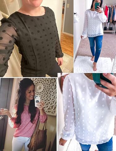 Womens Chiffon Blouse Swiss Dot Casual Round Neck Long Sleeve Pom Pom Shirts Back Keyhole Tops in Kuwait