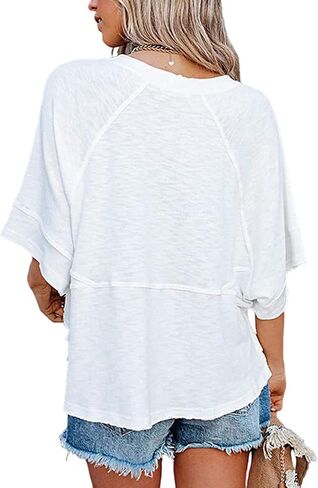 Women's Fashion Casual T Shirt Round Collar 3/4 Sleeve Plain Color Tees Summer Tops Blouses in Saudi Arabia