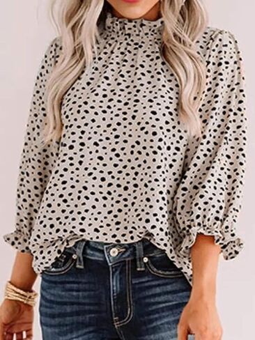 بلوزات SOFIA'S Choice للسيدات ذات رقبة وهمية على شكل الفهد، قمصان فضفاضة بأكمام مكشكشة 3/4 in Kuwait