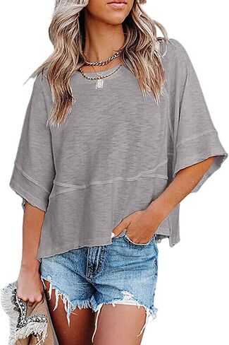 Women's Fashion Casual T Shirt Round Collar 3/4 Sleeve Plain Color Tees Summer Tops Blouses in Saudi Arabia