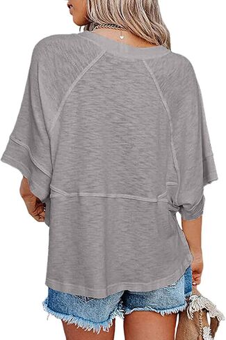 Women's Fashion Casual T Shirt Round Collar 3/4 Sleeve Plain Color Tees Summer Tops Blouses in Saudi Arabia