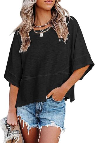 Women's Fashion Casual T Shirt Round Collar 3/4 Sleeve Plain Color Tees Summer Tops Blouses in Saudi Arabia