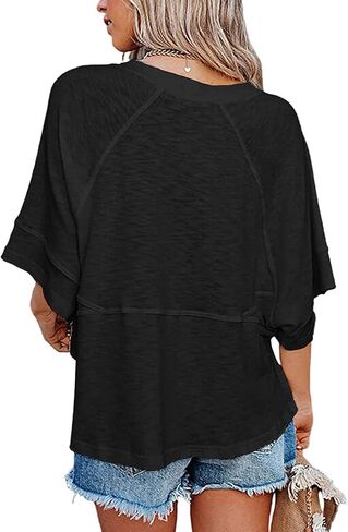Women's Fashion Casual T Shirt Round Collar 3/4 Sleeve Plain Color Tees Summer Tops Blouses in Saudi Arabia