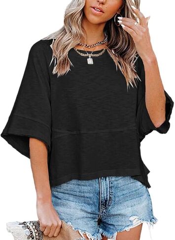 Women's Fashion Casual T Shirt Round Collar 3/4 Sleeve Plain Color Tees Summer Tops Blouses in Saudi Arabia
