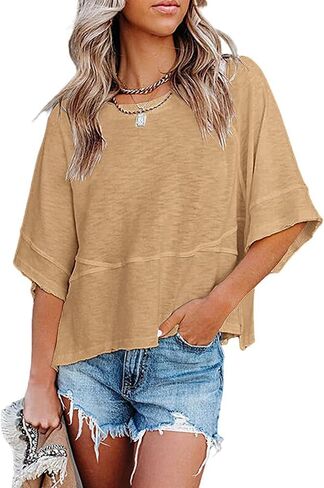 Women's Fashion Casual T Shirt Round Collar 3/4 Sleeve Plain Color Tees Summer Tops Blouses in Saudi Arabia