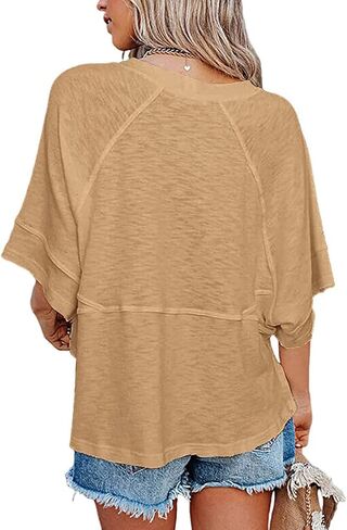 Women's Fashion Casual T Shirt Round Collar 3/4 Sleeve Plain Color Tees Summer Tops Blouses in Saudi Arabia