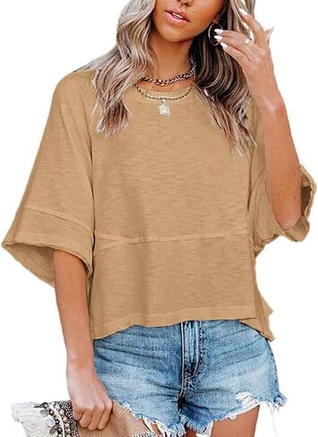 Women's Fashion Casual T Shirt Round Collar 3/4 Sleeve Plain Color Tees Summer Tops Blouses in Saudi Arabia