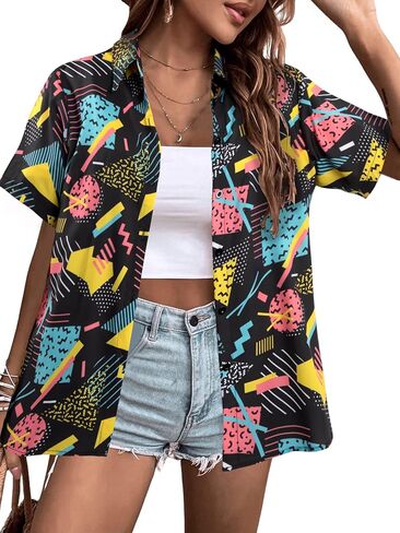 80s 90s الزي للنساء العودة إلى قمصان 80s ريترو حفلة ديسكو قميص زر أسفل قصيرة الأكمام بلوزة بلايز in Kuwait