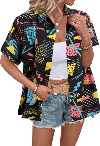 80s 90s الزي للنساء العودة إلى قمصان 80s ريترو حفلة ديسكو قميص زر أسفل قصيرة الأكمام بلوزة بلايز in Kuwait