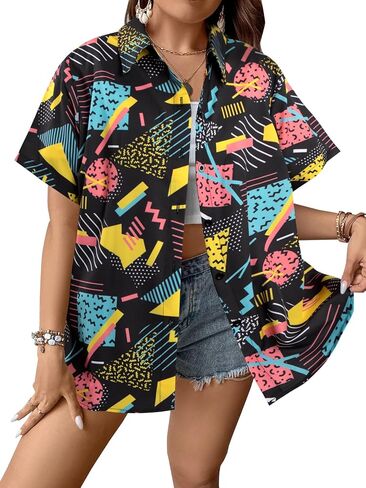 80s 90s الزي للنساء العودة إلى قمصان 80s ريترو حفلة ديسكو قميص زر أسفل قصيرة الأكمام بلوزة بلايز in Kuwait