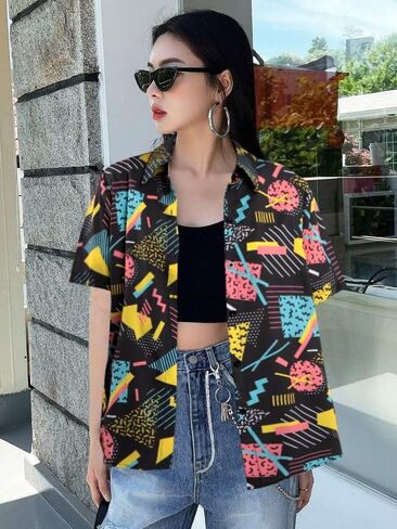 80s 90s الزي للنساء العودة إلى قمصان 80s ريترو حفلة ديسكو قميص زر أسفل قصيرة الأكمام بلوزة بلايز in Kuwait