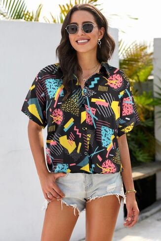 80s 90s الزي للنساء العودة إلى قمصان 80s ريترو حفلة ديسكو قميص زر أسفل قصيرة الأكمام بلوزة بلايز in Kuwait