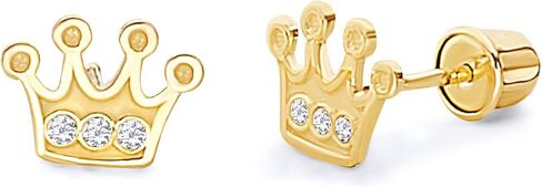 14k Yellow Gold Crown Stud Earrings with Screw Back, Yellow Gold Cubic Zirconia, Cubic Zirconia in Saudi Arabia