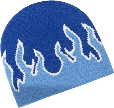 XJLLJJZJL Light Blue Flame Beanie Fire Flame Skullies Knitted Hip Hop Hat Gothic Warm Punk Beanies Casual Outdoor Ski Hat Slouchy Skull Cap, Blue, M-L in Kuwait