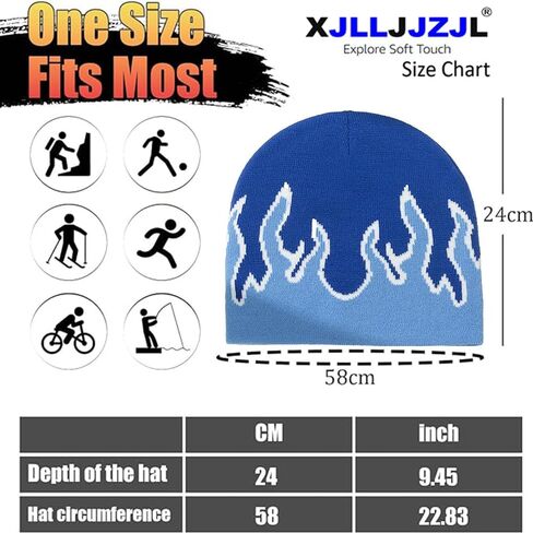 XJLLJJZJL Light Blue Flame Beanie Fire Flame Skullies Knitted Hip Hop Hat Gothic Warm Punk Beanies Casual Outdoor Ski Hat Slouchy Skull Cap, Blue, M-L in Kuwait
