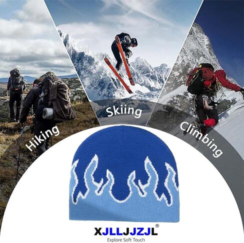 XJLLJJZJL Light Blue Flame Beanie Fire Flame Skullies Knitted Hip Hop Hat Gothic Warm Punk Beanies Casual Outdoor Ski Hat Slouchy Skull Cap, Blue, M-L in Kuwait