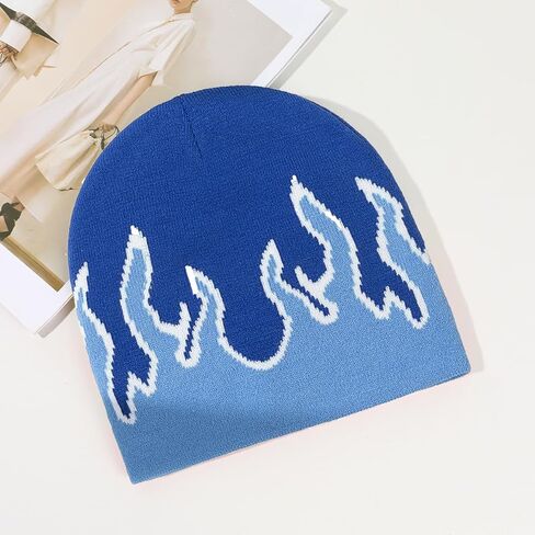XJLLJJZJL Light Blue Flame Beanie Fire Flame Skullies Knitted Hip Hop Hat Gothic Warm Punk Beanies Casual Outdoor Ski Hat Slouchy Skull Cap, Blue, M-L in Kuwait