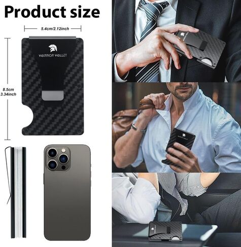 Warrior Wallet Minimalist Slim Wallet For Men - RFID Blocking Front Pocket Credit Card Holder - Aluminum Metal Small Mens Wallets with Cash Strap (Carbon Fiber) Minimalist Card in Saudi Arabia