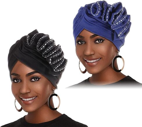 Yeilhile African Turban Black Beanie Headwrap with Rhinestone Elastic Cap Head Wrap for Women, Blue, One size in Kuwait