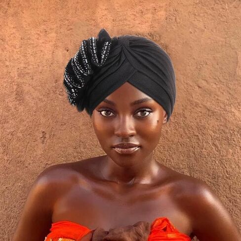 Yeilhile African Turban Black Beanie Headwrap with Rhinestone Elastic Cap Head Wrap for Women, Blue, One size in Kuwait