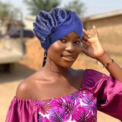 Yeilhile African Turban Black Beanie Headwrap with Rhinestone Elastic Cap Head Wrap for Women, Blue, One size in Kuwait