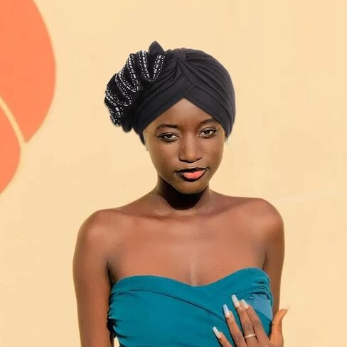 Yeilhile African Turban Black Beanie Headwrap with Rhinestone Elastic Cap Head Wrap for Women, Blue, One size in Kuwait