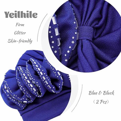 Yeilhile African Turban Black Beanie Headwrap with Rhinestone Elastic Cap Head Wrap for Women, Blue, One size in Kuwait