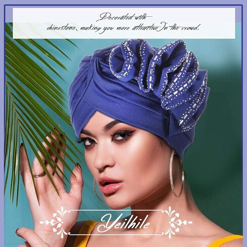 Yeilhile African Turban Black Beanie Headwrap with Rhinestone Elastic Cap Head Wrap for Women, Blue, One size in Kuwait