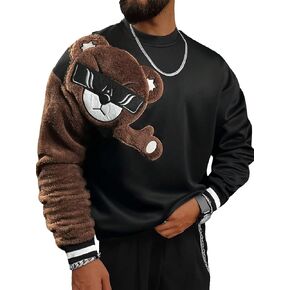 WDIRARA Men's Bear Patched Drop Shoulder Sweatshirt Round Neck Long Sleeve Pullover Sweatshirts
