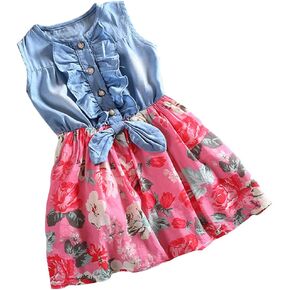 Girls Summer Sleeveless Floral Denim Dress Toddler Bow Casual Sundress